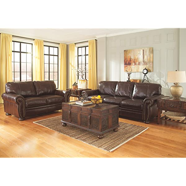 Signature Design by Ashley - Banner Traditional Style Faux Leather Loveseat w/ Nailhead Trim, Coffee Brown