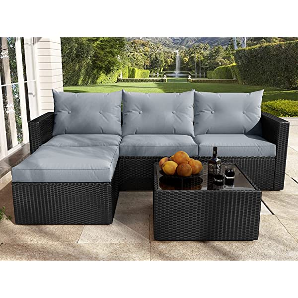 Allewie Dark Grey Patio Conversation Set, 3 Pieces PE Wicker Rattan Outdoor Furniture Set, Lounge Sofa and Loveseat with Cushions, Tempered Glass Coffee Table (Black & Dark Grey) Dark Grey & Black