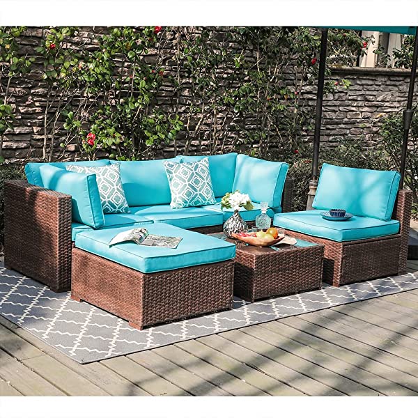 OC Orange-Casual 6-Piece Outdoor Patio Sectional Sofa Set Brown Wicker Furniture Set with Turquoise Seat Cushions & Tempered Glass Coffee Table
