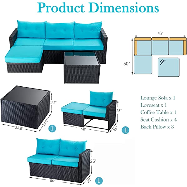 Allewie Dark Grey Patio Conversation Set, 3 Pieces PE Wicker Rattan Outdoor Furniture Set, Lounge Sofa and Loveseat with Cushions, Tempered Glass Coffee Table (Black & Dark Grey) Dark Grey & Black