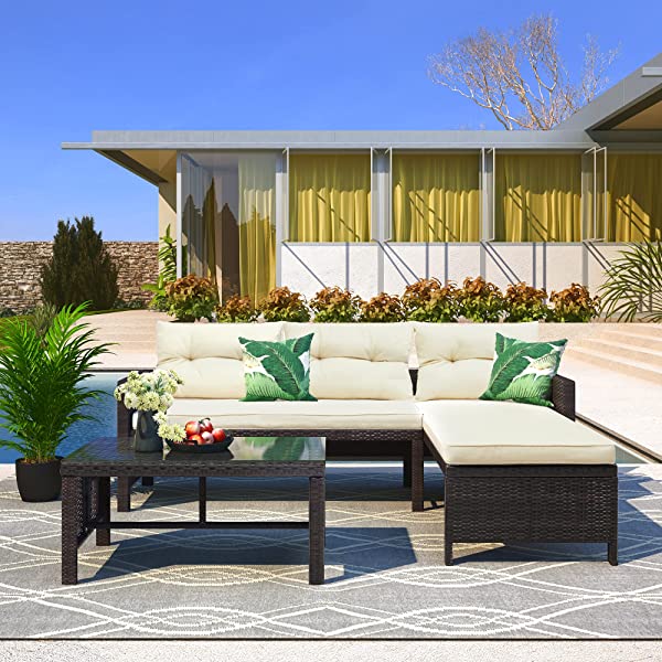 AWQM 5 Pieces Patio Furniture Sets All Weather Outdoor Sectional Sofa Manual Weaving Wicker Rattan Patio Conversation Set with Cushion and Glass Table, Brown 5 Piece Patio Furniture Sets