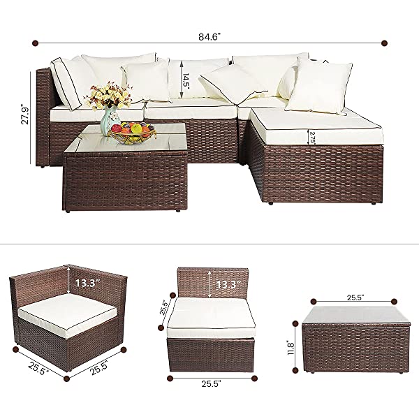 AWQM 5 Pieces Patio Furniture Sets All Weather Outdoor Sectional Sofa Manual Weaving Wicker Rattan Patio Conversation Set with Cushion and Glass Table, Brown 5 Piece Patio Furniture Sets