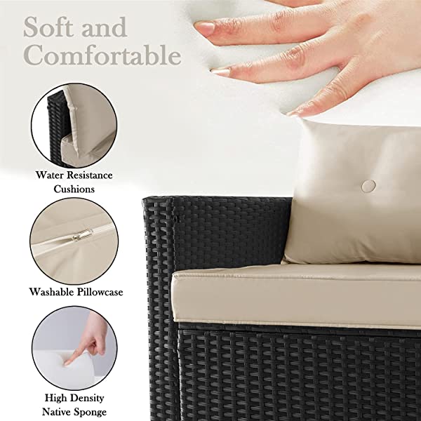 Allewie Dark Grey Patio Conversation Set, 3 Pieces PE Wicker Rattan Outdoor Furniture Set, Lounge Sofa and Loveseat with Cushions, Tempered Glass Coffee Table (Black & Dark Grey) Dark Grey & Black